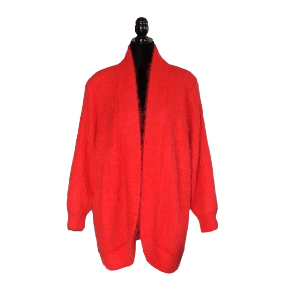 Vintage Lady Monica Hot Red Lined Open Angora Cardigan With Pockets, size M-L